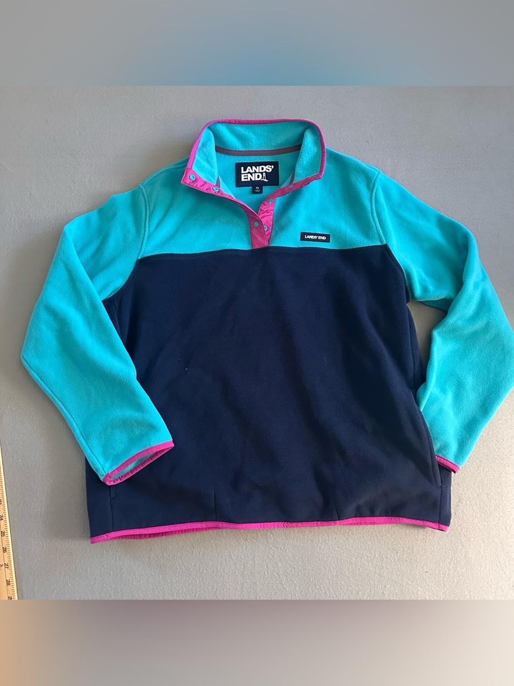 Lands End Heritage Fleece Pullover Long Sleeve Snap Neck Colorblock Women’s XL